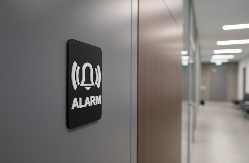 Alarm Schild Schwarz Weiß